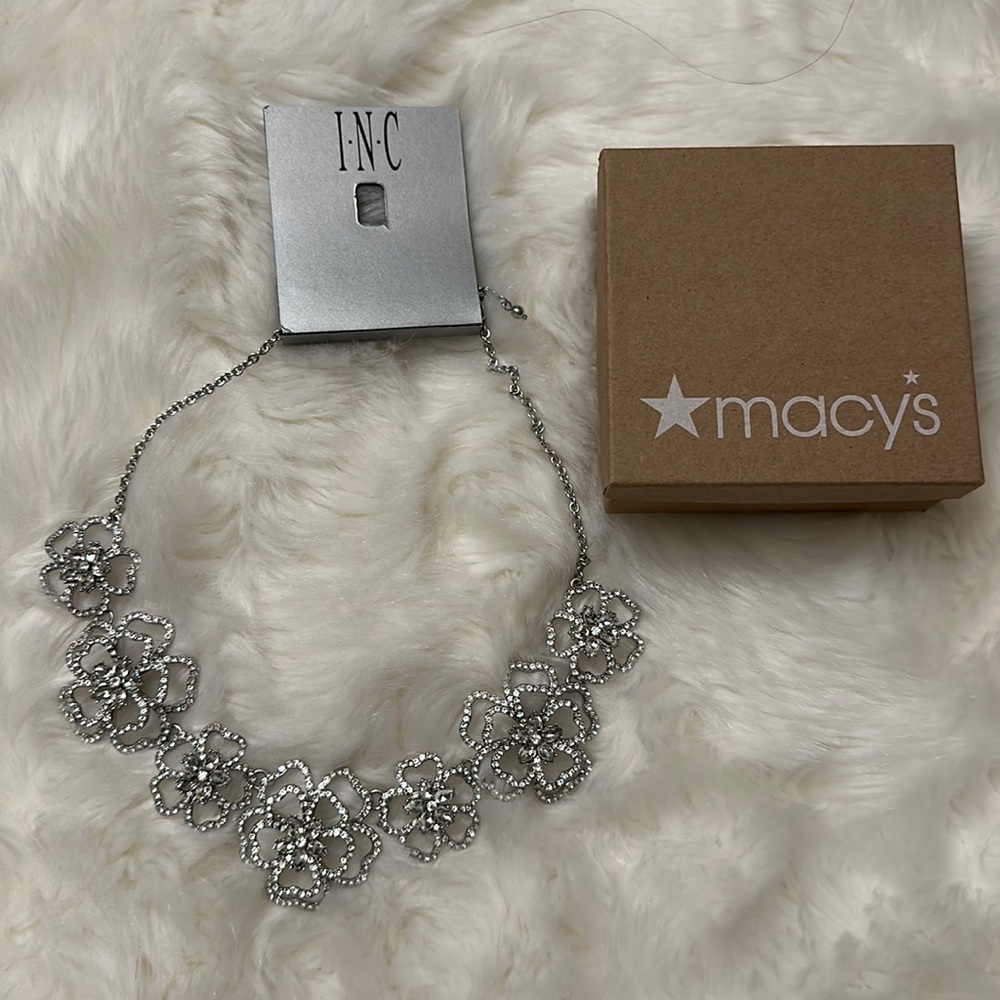 Macy's INC Silver-Tone Crystal 3D Flower Statement Necklace, 18" + 3" extender,
